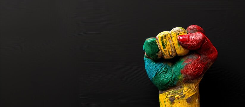Young black man's fist painted in colors of Juneteenth yellow, green and red colors, raised up on black background with space for text.