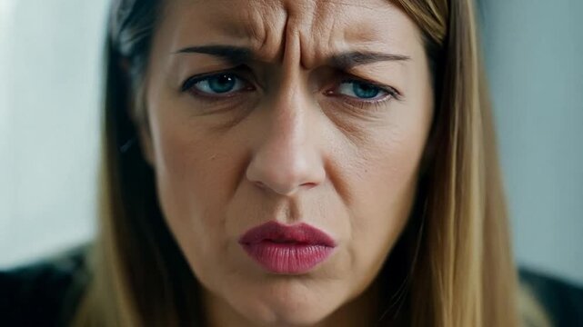 Close up portrait of a european blonde woman looking annoyed.