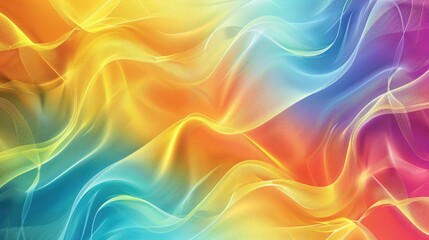 Obraz premium Playful gradient hologram with vibrant wave patterns, yellow, orange, and cyan hues, ideal for children’s magazine covers. Gradient hologram dynamic wave patterns