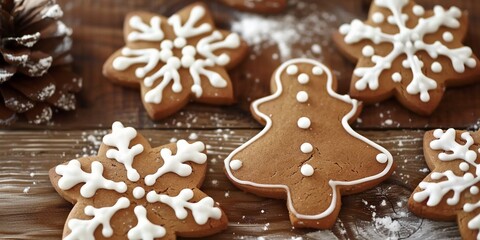 Close up of ginger bread cookies on wooden cutting board with fir and pine cones decorations with copy space, Merry Christmas dessert holiday food backgrounds.