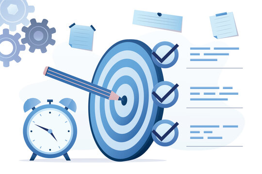 Daily tasks. daily and monthly targets. Objective or mission that must be carried out. Business objectives. Time management, target with pencil, clock and check marks.