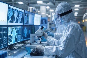 A scientist in protective gear uses a microscope and computer to analyze medical imaging data displayed on multiple monitors
