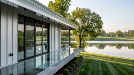 modern suburban farmhouse with a sleek, silver exterior and a large, glass-enclosed porch that overlooks a serene lake