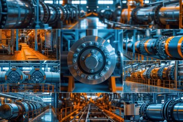 Naklejka premium A collage of images showcasing the interior of a large industrial manufacturing facility