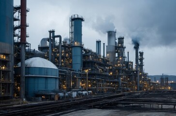Sprawling industrial complex illuminated at dusk with smoke billowing from tall chimney