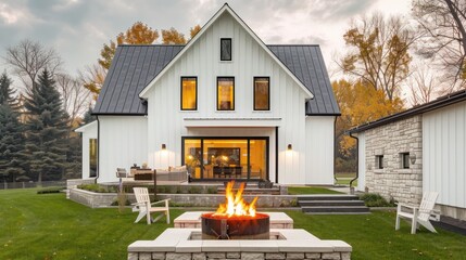 modern suburban farmhouse with a rustic stone base and crisp white walls, featuring a cozy fire pit in the backyard