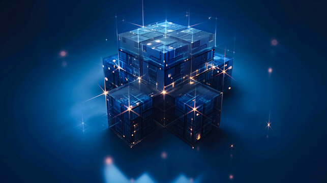 Binary code holograms of stacks cubes. Peer-to-peer P2P. Blockchain security, encryption, mining and digital data transactions. Cryptocurrency. NFT non-fungible tokens