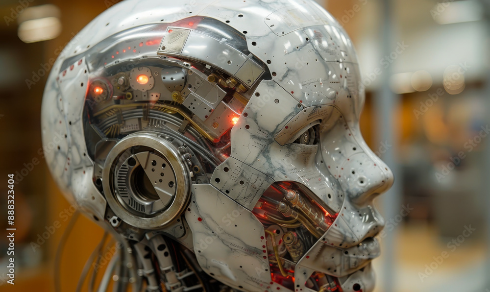 Poster futuristic artificial intelligence humanoid head with cybernetic enhancements in modern setting duri