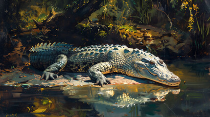 Fototapeta premium crocodile lounging on the edge of an ancient river, its scales shimmer in the sunlight, in the style of oil painting