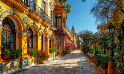 Fototapeta premium Sunny Day on Constitution Avenue, Seville Spain - Detailed Architectural Facade & Colorful Balconies with Flowers in City Center