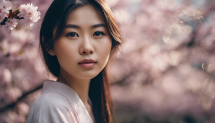 A close-up photo portrait of a beautiful young Asian woman among cherry trees in full blossom. Sakura blossom season