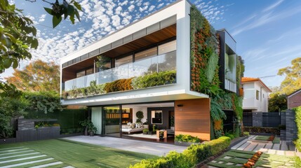 Obraz premium modern suburban home with an eco-friendly design, including a green living wall and a roof terrace garden, set in a peaceful neighborhood