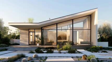 modern suburban house with a minimalist fa? section ade, featuring large, asymmetrical windows and a front yard designed with sustainable xeriscaping