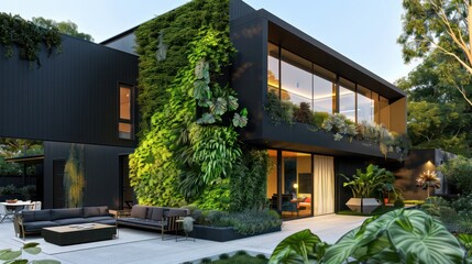 Fototapeta premium modern suburban retreat with a sleek black exterior and a vibrant green living wall, complemented by a minimalist outdoor seating area