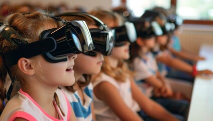 Children in the classroom wearing VR headsets, watching immersive educational experiences