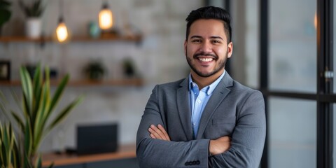 Fototapeta premium Young Latino Professional. Confident Hispanic Businessman with Copy Space in Office Portrait