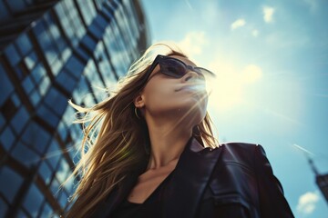 Fototapeta premium Bottom view, Beautiful caucasian Businesswoman under Sun, Summer Vacation. Successful white business lady walking on city street. Young middle-aged caucasian woman wearing sunglasses eyewear outdoors