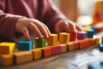 Fototapeta premium Educational toys, Cognitive skills, Montessori activity. Closeup: Hands of a little Montessori kid learning about color, shape, sorting, arranging by engaged colorful wooden sensorial blocks