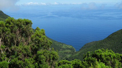 View of the hiking trail starting in Serra do Topo - Caldeira Santo Cristo - Fajã dos Cubres in São Jorge island, Azores, Portugal.