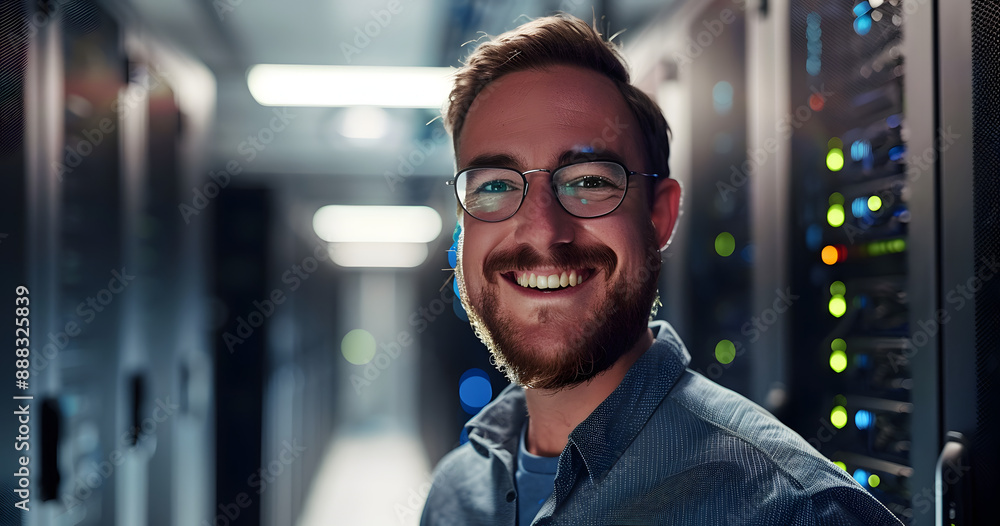 Poster man, happy and smiling or working in server room, system update and firmware installation or program