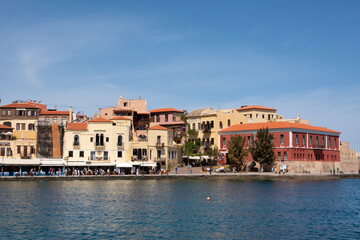 Fototapeta premium View over Rethymno harbour on the old Venetian city, lots of terraces near the water