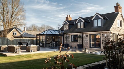 panoramic view of a suburban farmhouse with a traditional gabled roof and a modern extension featuring a glass conservatory