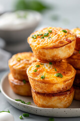 A stack of mini quiches with green onions on top