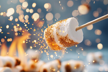 A marshmallow is being roasted over a fire