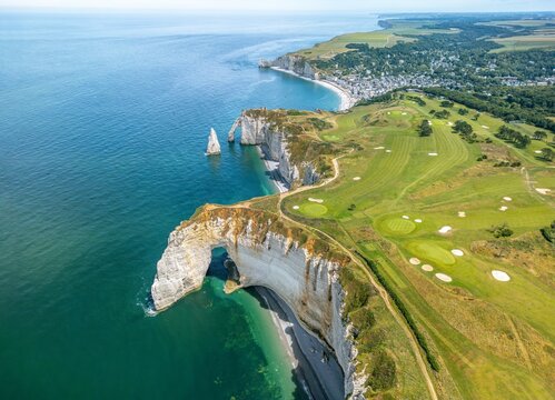 Aerial view of the beautiful cliffs of Etretat. Normandy, France, La Manche or English Channel. 