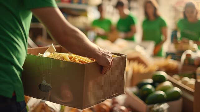 A volunteer packing food