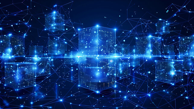 Binary code holograms of cubes. Peer-to-peer P2P. Blockchain security, encryption, mining and digital transactions. Cryptocurrency. NFT non-fungible tokens