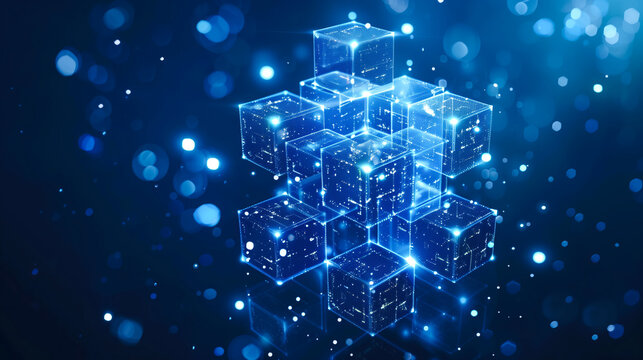 Blue binary code holograms of a stacks blue cubes. Peer-to-peer P2P. Blockchain security, encryption, mining and digital data transactions. Cryptocurrency. NFT non-fungible tokens
