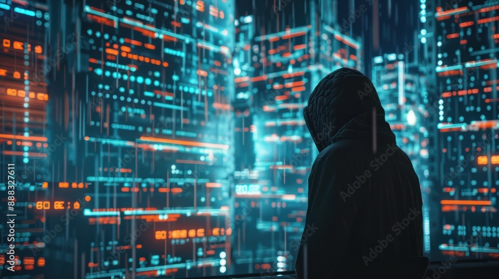 Poster a hacker, amidst a vibrant network of data streams and codes, breaches a digital firewall, cybersecu