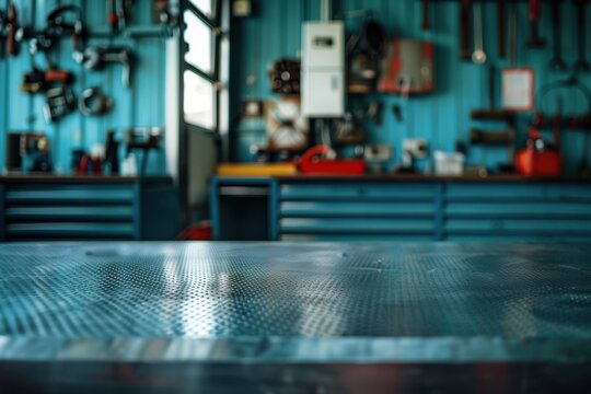 A metal blank tabletop with blurred automotive tools and parts in the background suitable for promoting automotive products