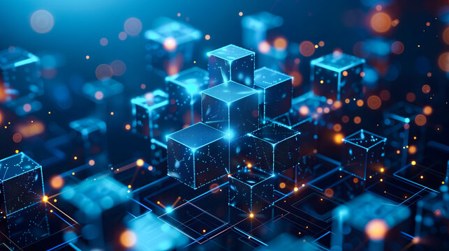 Binary code holograms of a piles of cubes. Peer-to-peer P2P. Blockchain security, encryption, mining and digital data transactions. Cryptocurrency. NFT non-fungible tokens