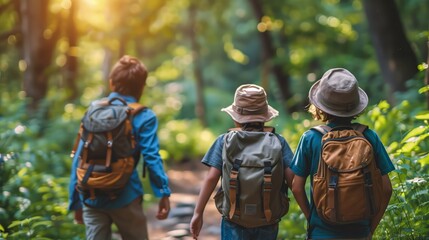 Three young explorers with backpacks trekking through a sunlit forest path, surrounded by the beauty of nature.