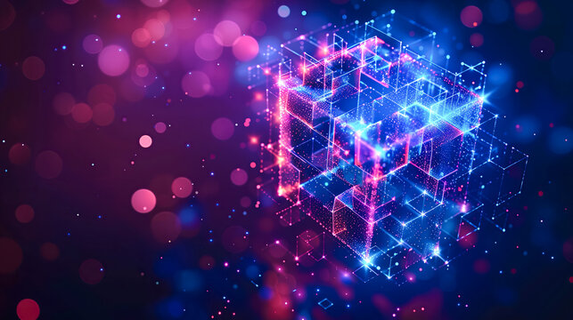 Binary code holograms of a large cube formed by many cubes . Peer-to-peer P2P. Concept of Blockchain security, encryption, mining and digital data transactions. Cryptocurrency. NFT non-fungible tokens