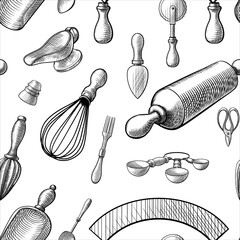 Vector seamless pattern of vintage kitchen utensils in a sketch, line, engraving style