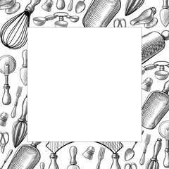 Vector border square frame of vintage kitchen utensils in a sketch, line, engraving style