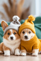 Two dogs wearing hats and sweaters are sitting next to each other