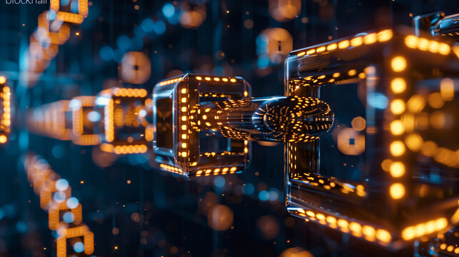 Cubes formed & linked by strings driving a light orange binary code in virtual reality. Concept of Blockchain security, mining and digital transactions. Cryptocurrency. NFT non-fungible tokens