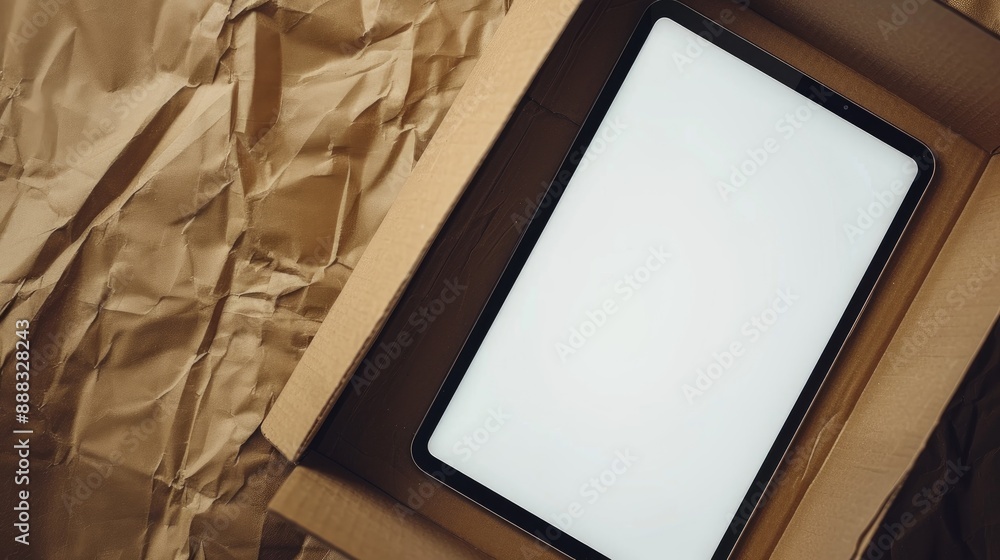 Poster tablet resting on cardboard package blank white screen with space for text