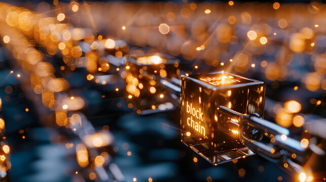 Digital light orange blockchain text. Cubes linked in virtual reality. Concept of Blockchain security, encryption, mining and digital data transactions. Cryptocurrency. NFT non-fungible tokens