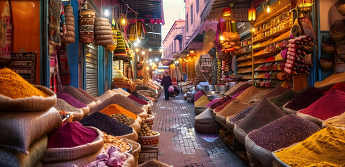 A busy market street in Marrakech complete with vibrant spices and textiles