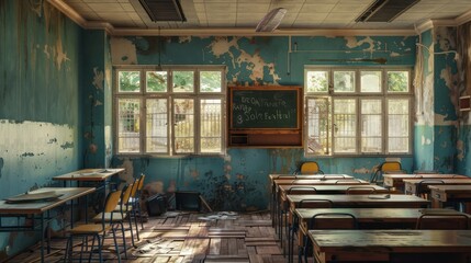 A shabby and abandoned school classroom. The topic is the crisis of school education in poor countries.