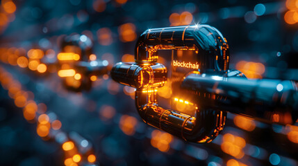 Linked strings transmitting and addressing binary code info in virtual reality Concept of Blockchain security, encryption, mining and digital data transactions. Cryptocurrency. NFT non-fungible tokens