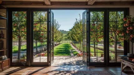 rustic yet modern suburban farmhouse with expansive glass doors that open to a backyard orchard of apple trees