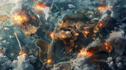 A world map in war with military targets where explosions, fire and bombings occur. Hot atlas for climate change and danger of conflict between countries continents.