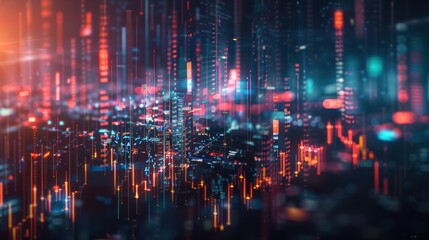 Abstract digital stock market graph in city backdrop, showing financial data and business growth in glowing light.