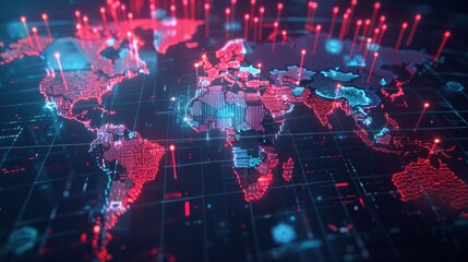 Obraz premium Abstract digital world map, concept of global network and connectivity, data transfer and cyber technology